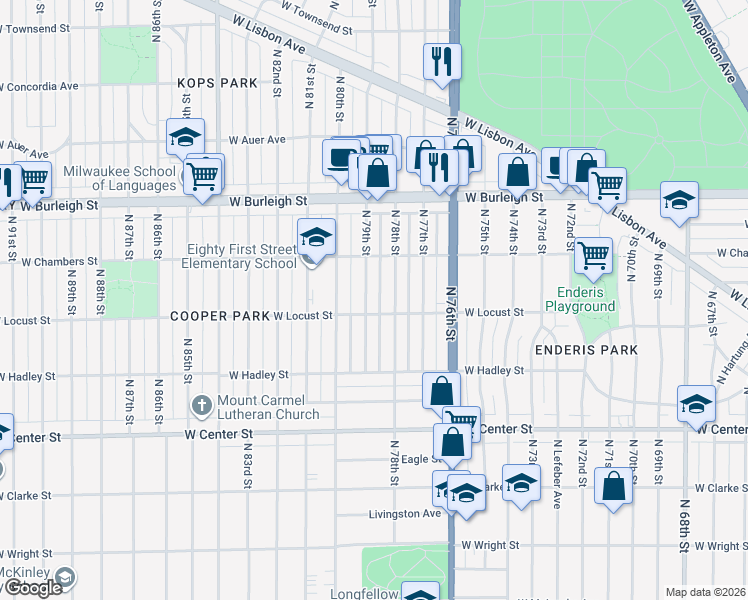 map of restaurants, bars, coffee shops, grocery stores, and more near 2936 North 79th Street in Milwaukee