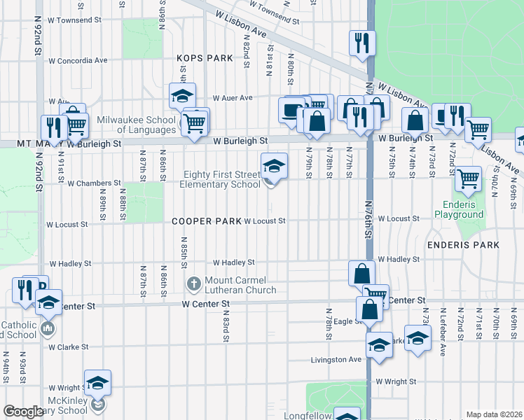 map of restaurants, bars, coffee shops, grocery stores, and more near 2937 North 81st Street in Milwaukee