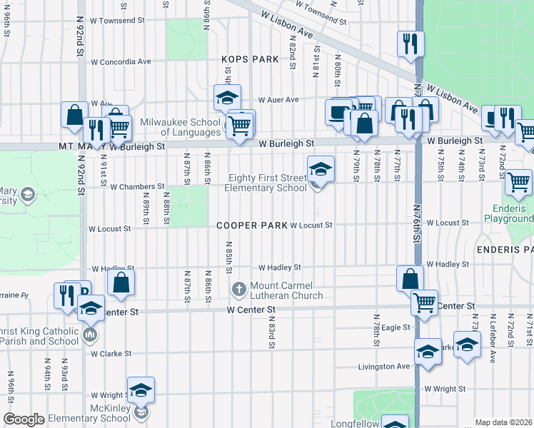 map of restaurants, bars, coffee shops, grocery stores, and more near 2944 North 84th Street in Milwaukee