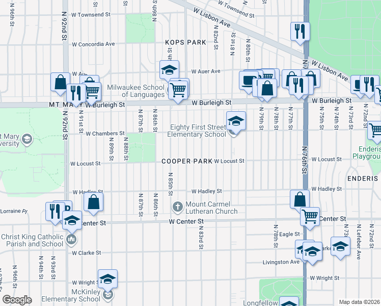 map of restaurants, bars, coffee shops, grocery stores, and more near 2944 North 84th Street in Milwaukee
