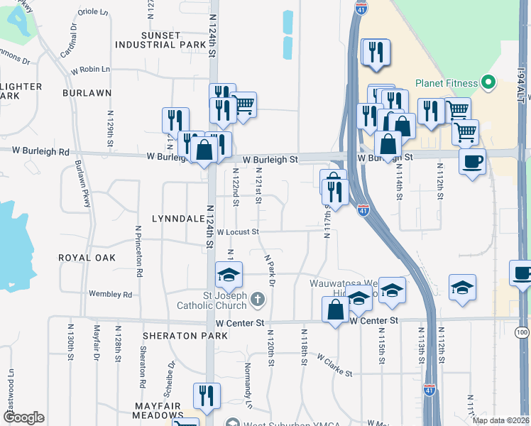 map of restaurants, bars, coffee shops, grocery stores, and more near 2956 North 121st Street in Wauwatosa