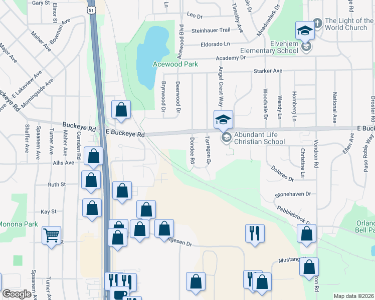 map of restaurants, bars, coffee shops, grocery stores, and more near 1818 Dondee Road in Madison