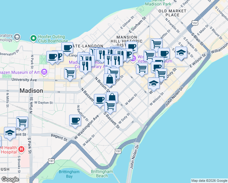 map of restaurants, bars, coffee shops, grocery stores, and more near 335 West Mifflin Street in Madison
