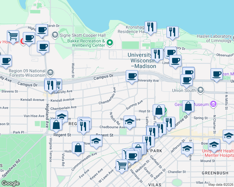 map of restaurants, bars, coffee shops, grocery stores, and more near 211 Chamberlain Avenue in Madison