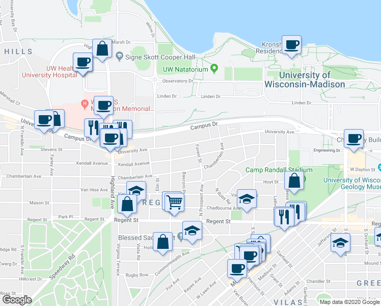 map of restaurants, bars, coffee shops, grocery stores, and more near 2121 University Avenue in Madison