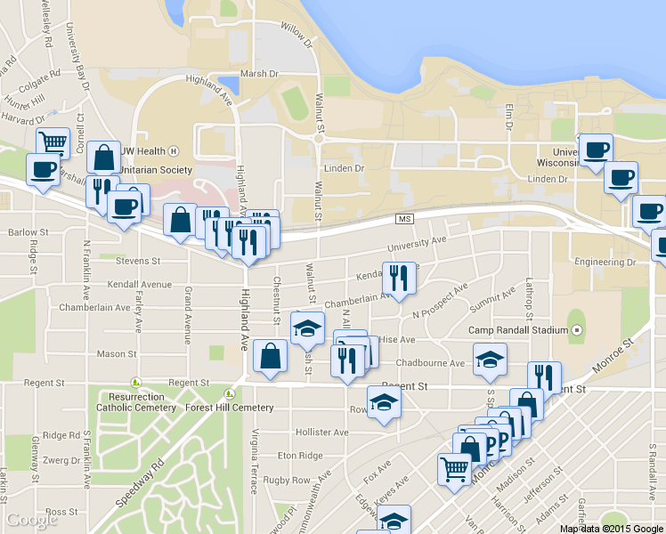map of restaurants, bars, coffee shops, grocery stores, and more near 2202 University Avenue in Madison