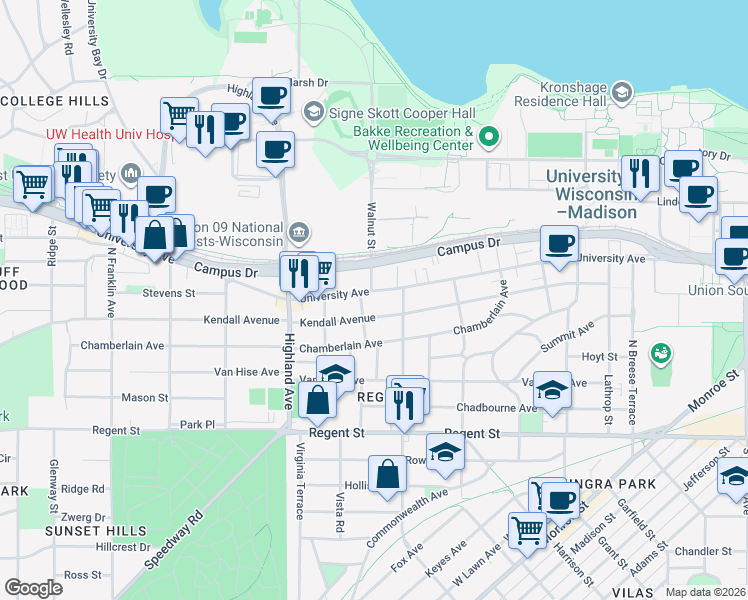 map of restaurants, bars, coffee shops, grocery stores, and more near in Madison
