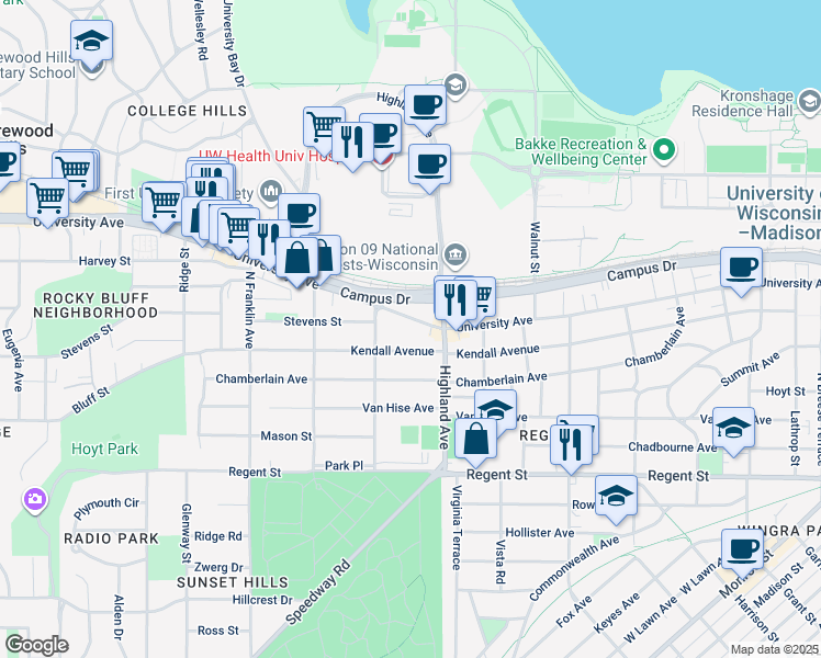 map of restaurants, bars, coffee shops, grocery stores, and more near 2550 University Avenue in Madison
