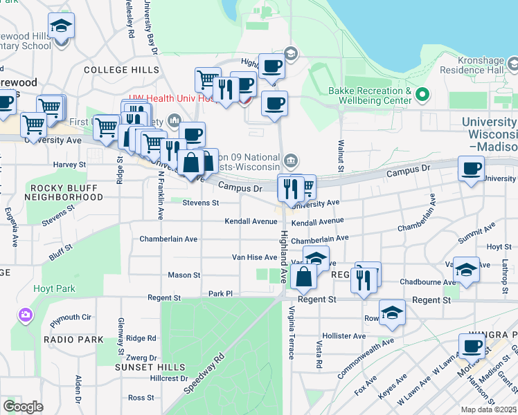map of restaurants, bars, coffee shops, grocery stores, and more near 2550 University Avenue in Madison
