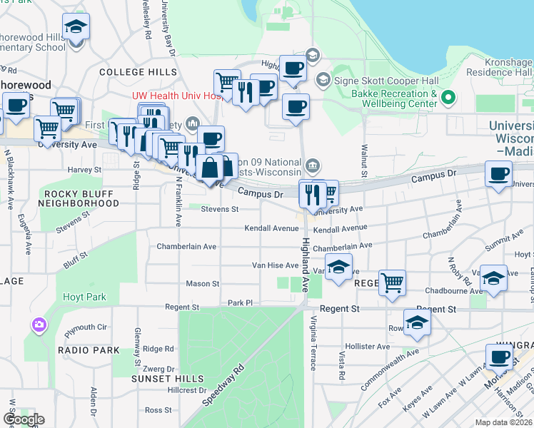 map of restaurants, bars, coffee shops, grocery stores, and more near 2601 University Avenue in Madison