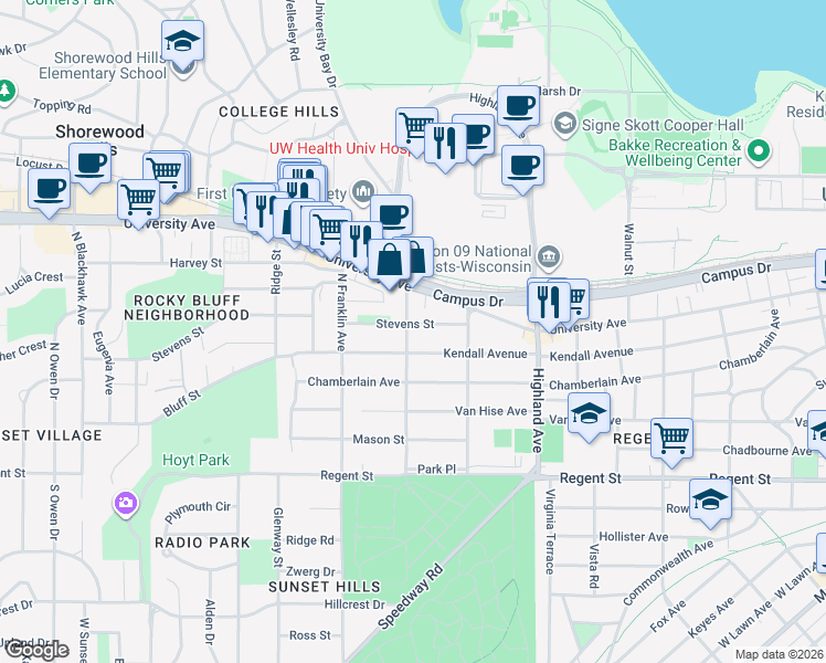 map of restaurants, bars, coffee shops, grocery stores, and more near 2628 Stevens Street in Madison