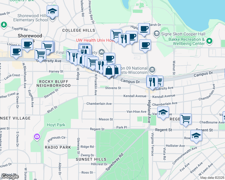 map of restaurants, bars, coffee shops, grocery stores, and more near 506 Farley Avenue in Madison