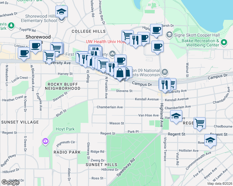 map of restaurants, bars, coffee shops, grocery stores, and more near 506 Farley Avenue in Madison