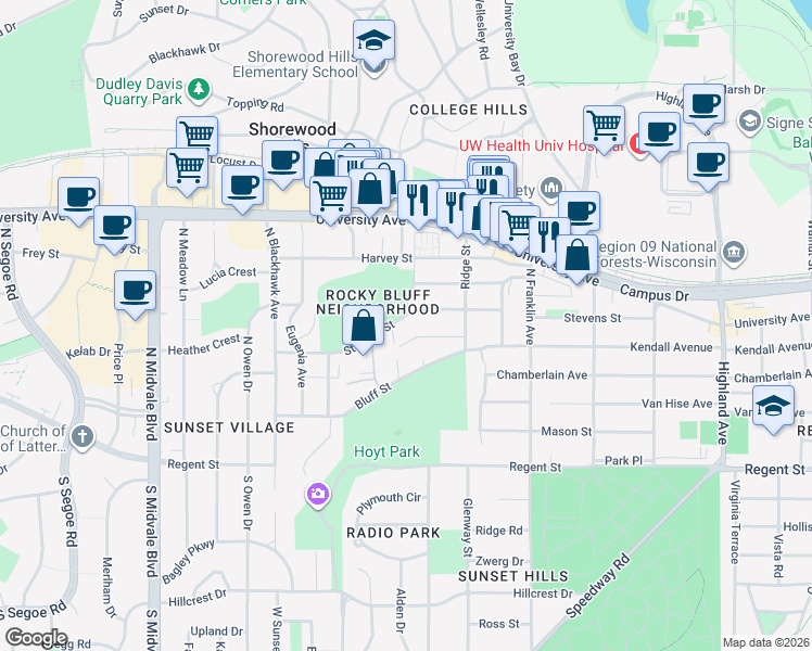 map of restaurants, bars, coffee shops, grocery stores, and more near 2933 Stevens Street in Madison
