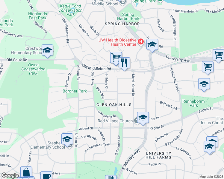 map of restaurants, bars, coffee shops, grocery stores, and more near 413 Hilldale Court in Madison