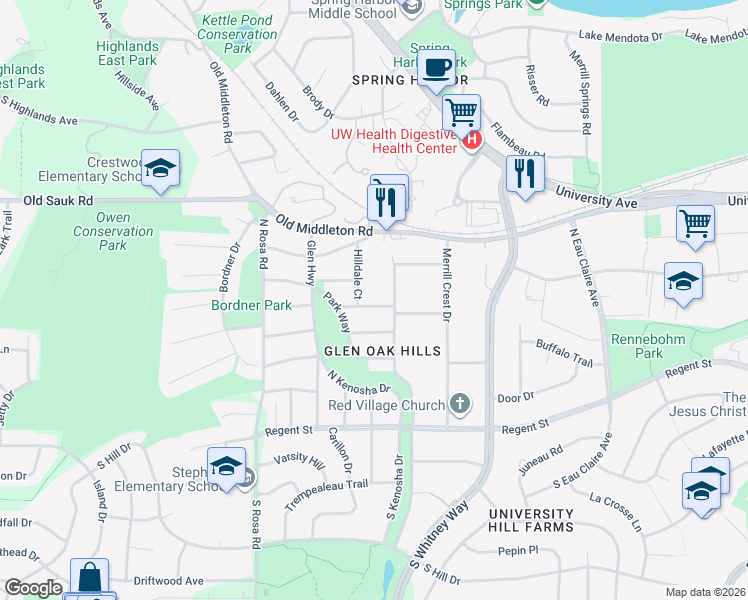 map of restaurants, bars, coffee shops, grocery stores, and more near 413 Hilldale Court in Madison