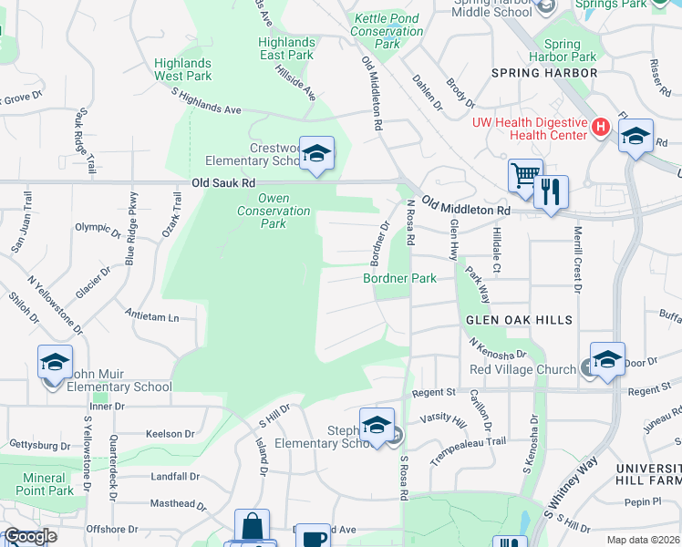 map of restaurants, bars, coffee shops, grocery stores, and more near 5721 Cedar Place in Madison
