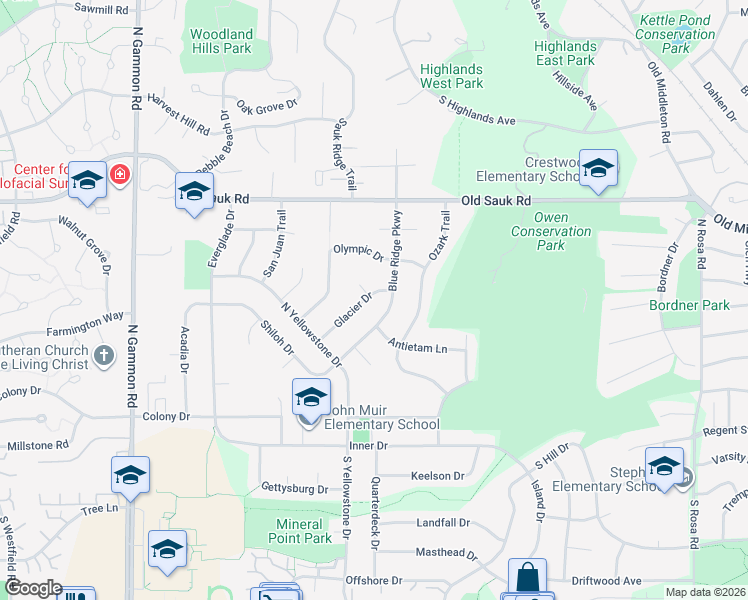 map of restaurants, bars, coffee shops, grocery stores, and more near 402 Blue Ridge Parkway in Madison