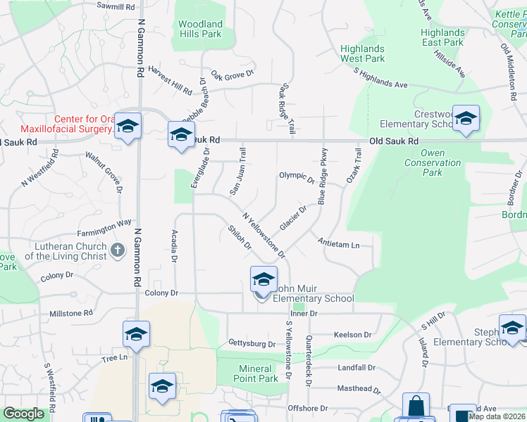 map of restaurants, bars, coffee shops, grocery stores, and more near 402 Yosemite Trail in Madison