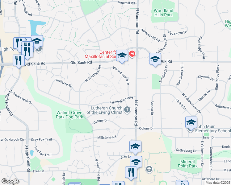 map of restaurants, bars, coffee shops, grocery stores, and more near 30 Stonecrest Circle in Madison