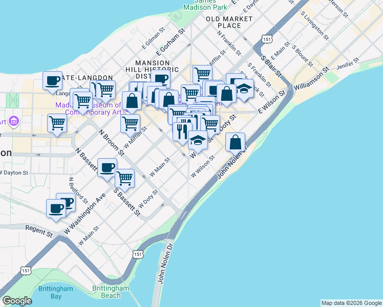 map of restaurants, bars, coffee shops, grocery stores, and more near 121 South Hamilton Street in Madison