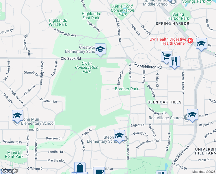 map of restaurants, bars, coffee shops, grocery stores, and more near 5721 Cedar Place in Madison