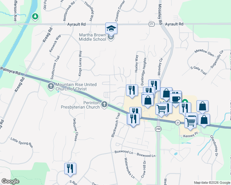 map of restaurants, bars, coffee shops, grocery stores, and more near in Penfield