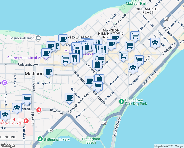 map of restaurants, bars, coffee shops, grocery stores, and more near 403 West Dayton Street in Madison