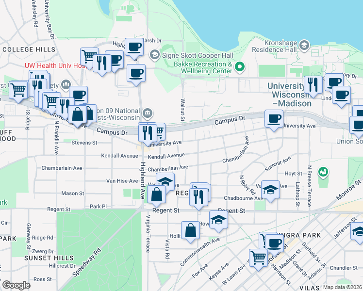 map of restaurants, bars, coffee shops, grocery stores, and more near 2223 University Avenue in Madison