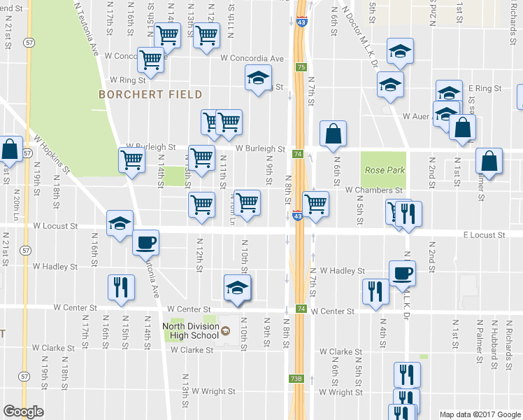 map of restaurants, bars, coffee shops, grocery stores, and more near 2939 North 9th Street in Milwaukee
