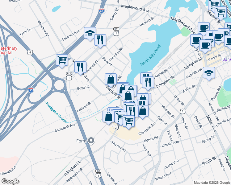 map of restaurants, bars, coffee shops, grocery stores, and more near 165 Bartlett Street in Portsmouth