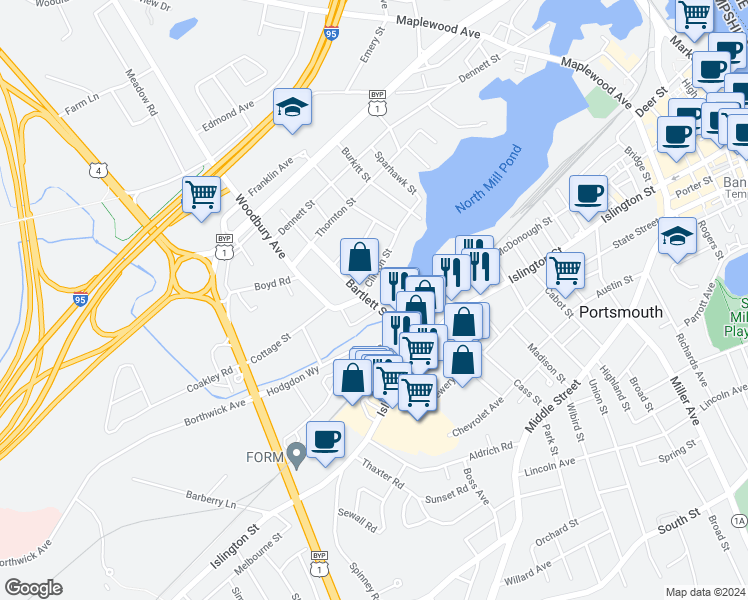 map of restaurants, bars, coffee shops, grocery stores, and more near 165 Bartlett Street in Portsmouth