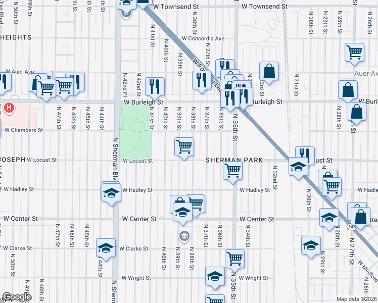map of restaurants, bars, coffee shops, grocery stores, and more near 2941 North 38th Street in Milwaukee