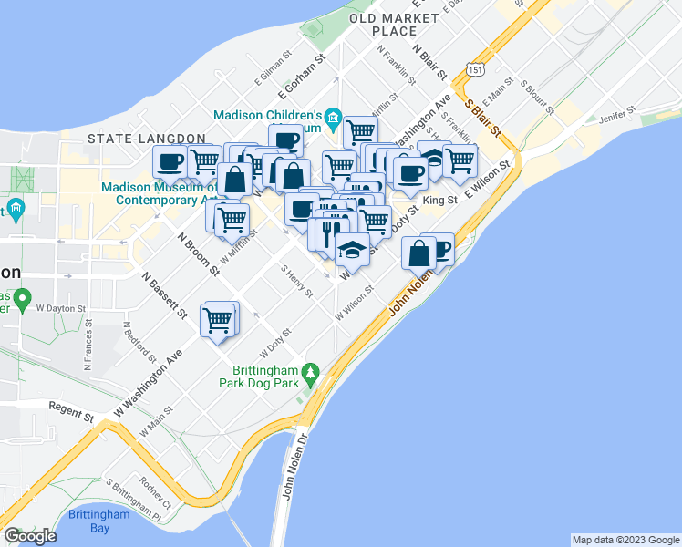 map of restaurants, bars, coffee shops, grocery stores, and more near 129 South Carroll Street in Madison
