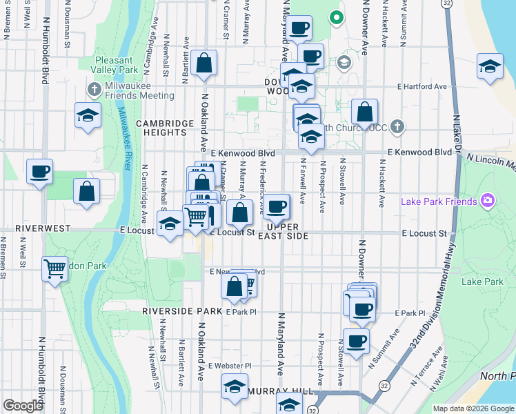 map of restaurants, bars, coffee shops, grocery stores, and more near 2964 North Murray Avenue in Milwaukee
