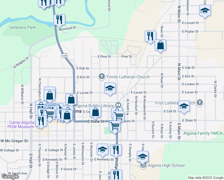 map of restaurants, bars, coffee shops, grocery stores, and more near 401-499 North Phillips Street in Algona