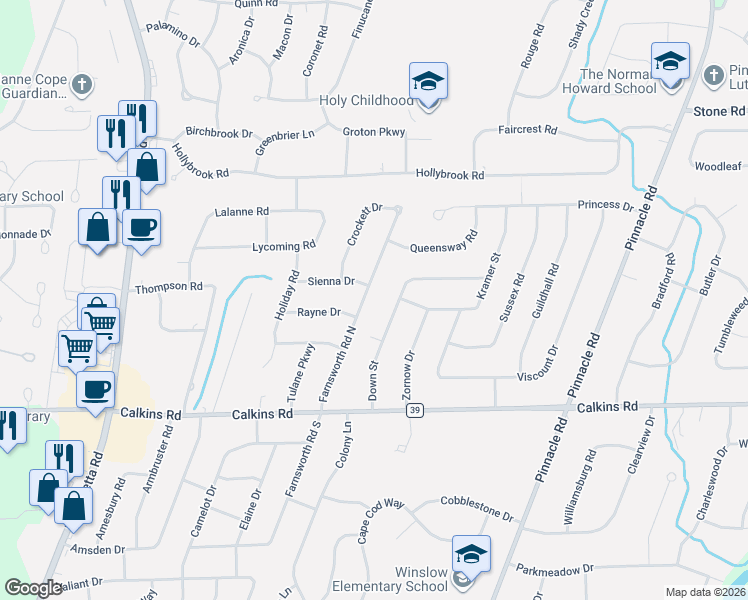 map of restaurants, bars, coffee shops, grocery stores, and more near 112 Farnsworth Road North in Rochester