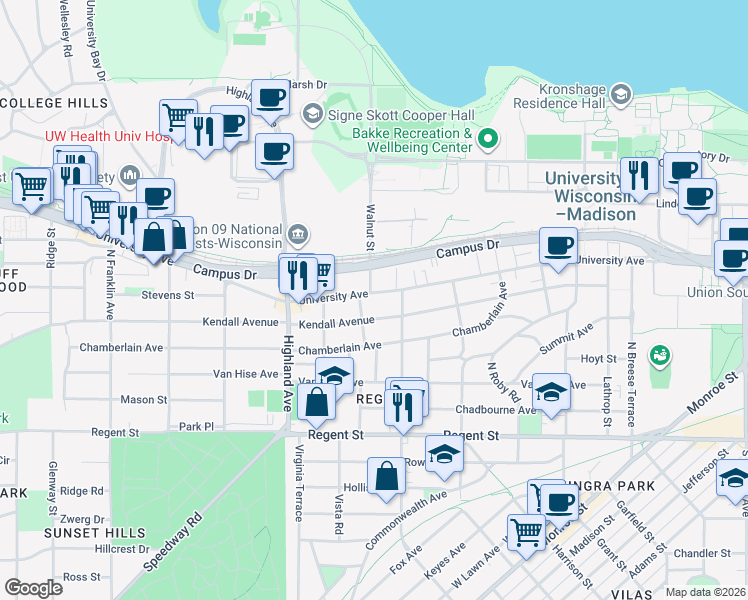 map of restaurants, bars, coffee shops, grocery stores, and more near 2217 University Avenue in Madison