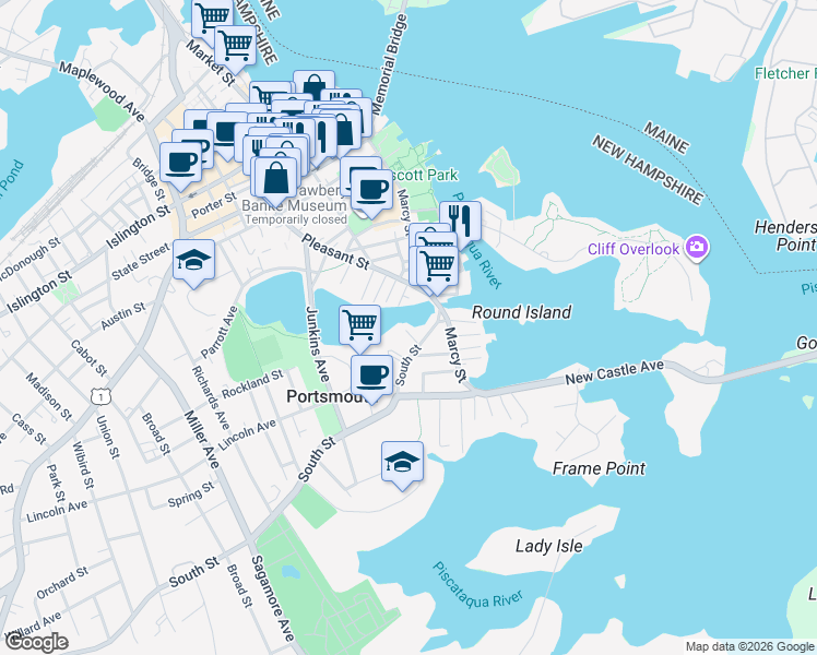 map of restaurants, bars, coffee shops, grocery stores, and more near 33 Johnson Court in Portsmouth