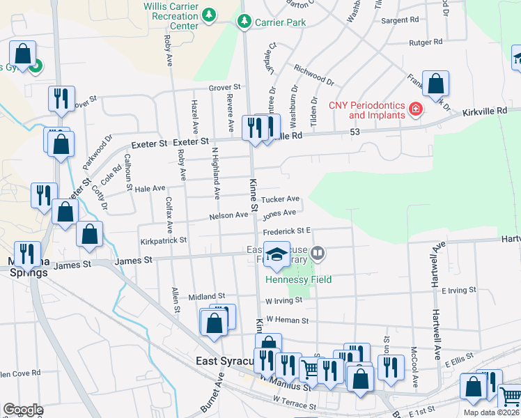 map of restaurants, bars, coffee shops, grocery stores, and more near 422 Kinne Street in East Syracuse