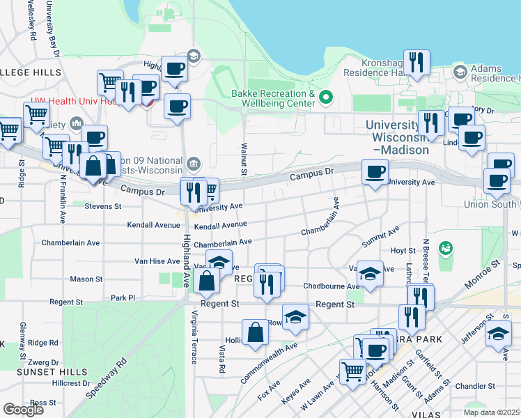 map of restaurants, bars, coffee shops, grocery stores, and more near 2202 University Avenue in Madison