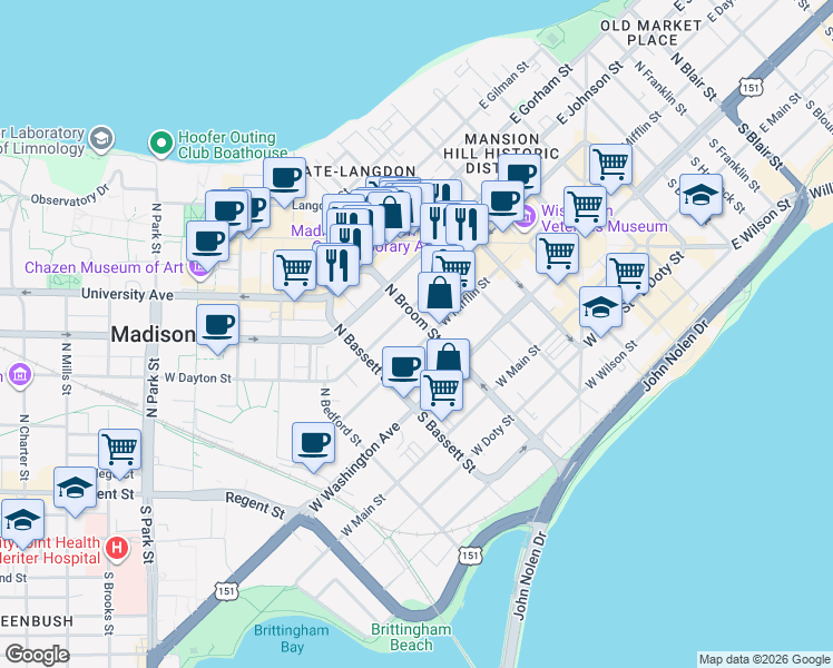 map of restaurants, bars, coffee shops, grocery stores, and more near 408 West Mifflin Street in Madison