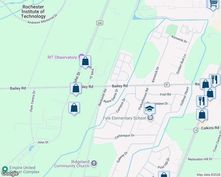 map of restaurants, bars, coffee shops, grocery stores, and more near 635 Bailey Road in West Henrietta