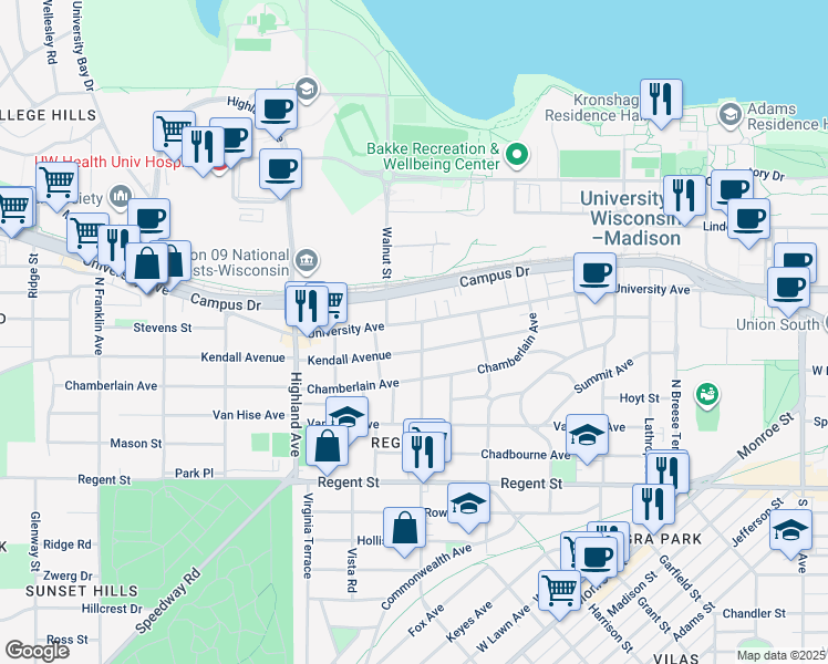 map of restaurants, bars, coffee shops, grocery stores, and more near 340 North Allen Street in Madison