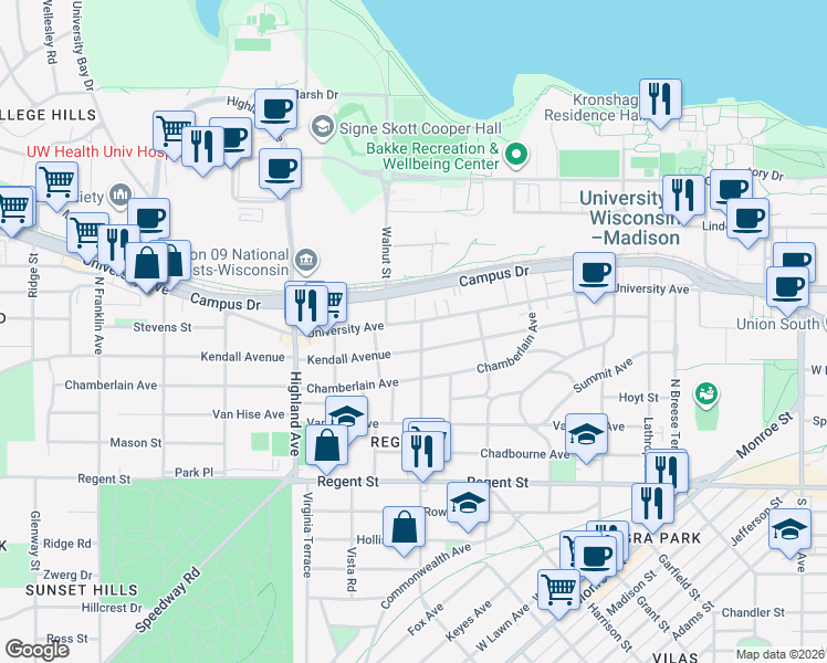 map of restaurants, bars, coffee shops, grocery stores, and more near 2202 University Avenue in Madison