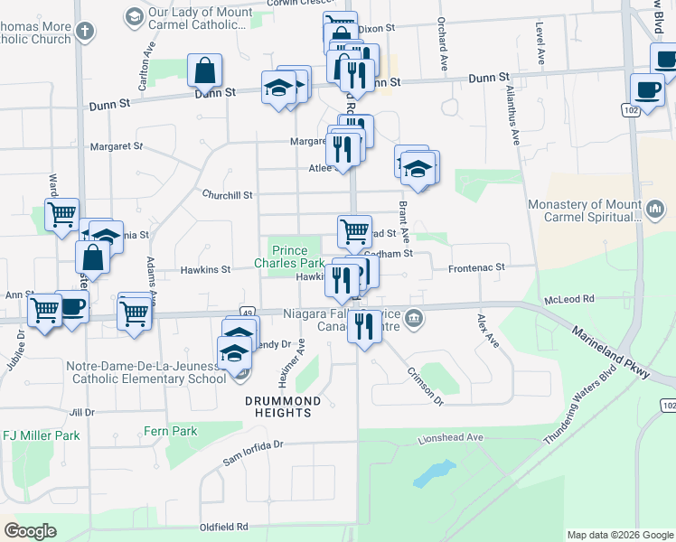 map of restaurants, bars, coffee shops, grocery stores, and more near 6253 Hawkins Street in Niagara Falls