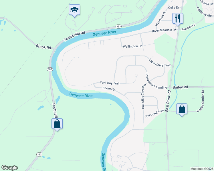 map of restaurants, bars, coffee shops, grocery stores, and more near 91 York Bay Trail in West Henrietta