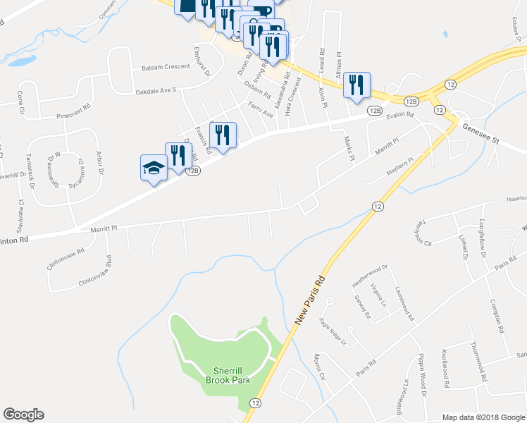 map of restaurants, bars, coffee shops, grocery stores, and more near 108 Merritt Place in New Hartford