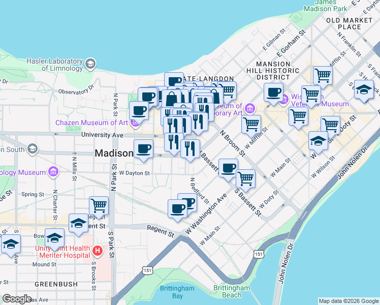 map of restaurants, bars, coffee shops, grocery stores, and more near 522 West Johnson Street in Madison