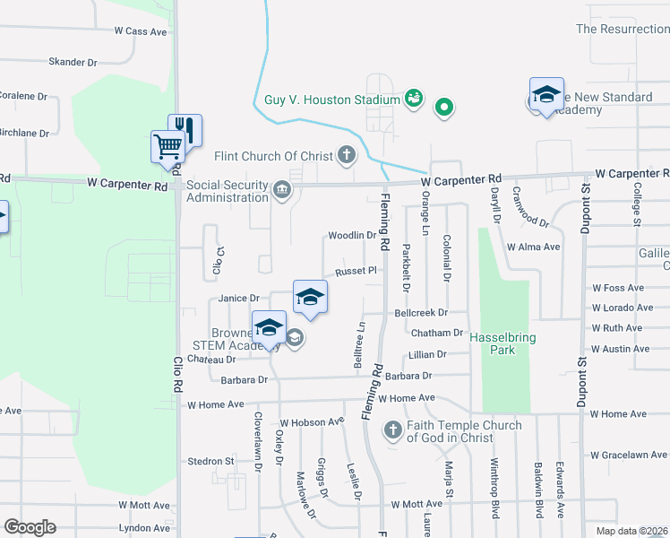 map of restaurants, bars, coffee shops, grocery stores, and more near 6708 Russet Court in Flint